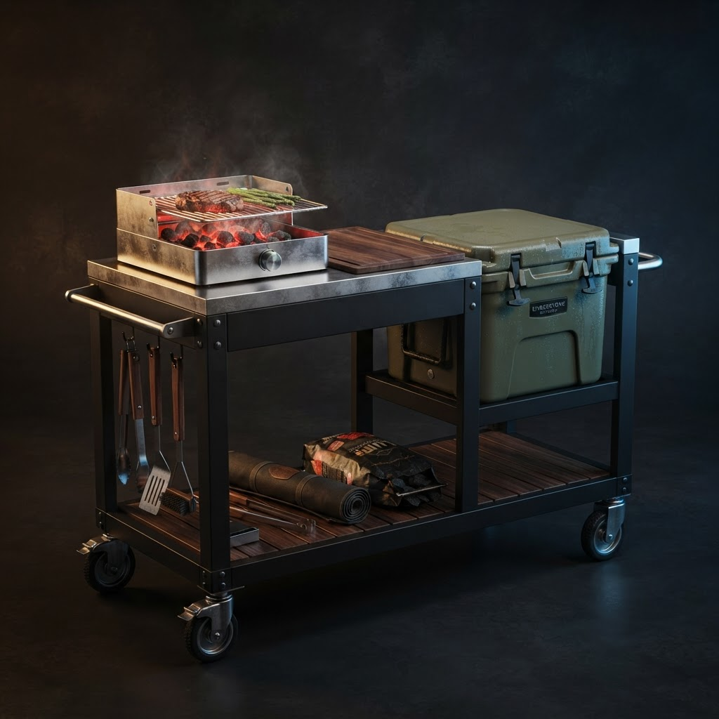 CoolGrill Cart Pro – mobiler Grillwagen mit Grillzone, Arbeitsfläche und Kühlbox