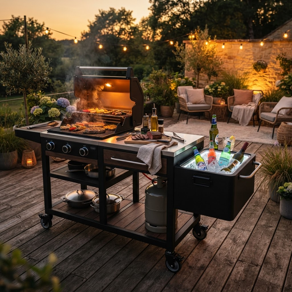 CoolGrill Cart Pro im Einsatz auf einer Gartenterrasse in der Abenddämmerung