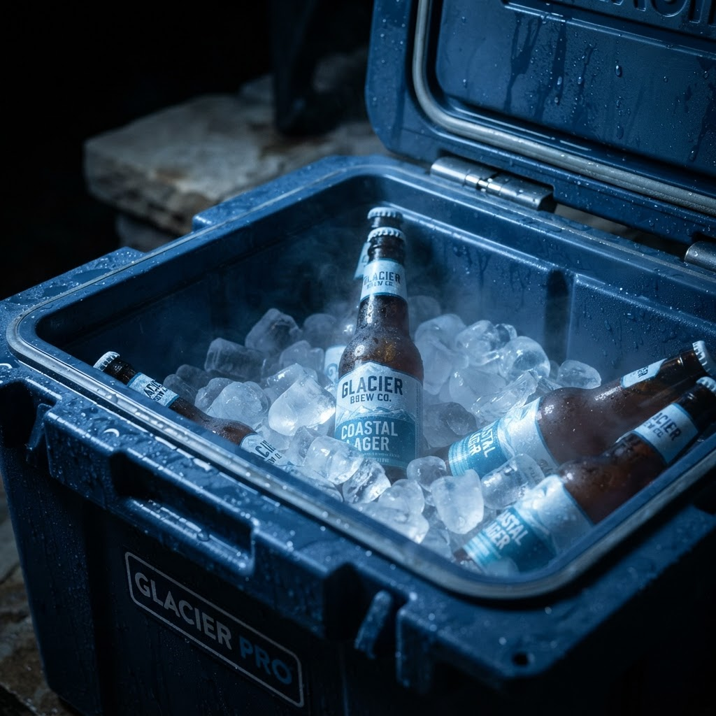 Geöffnete isolierte Kühlbox mit Eis und gekühlten Getränkeflaschen