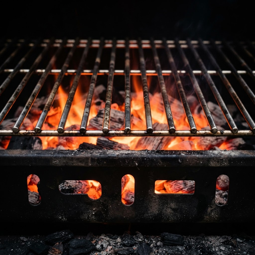 Glühender Edelstahl-Grillrost der Grillzone